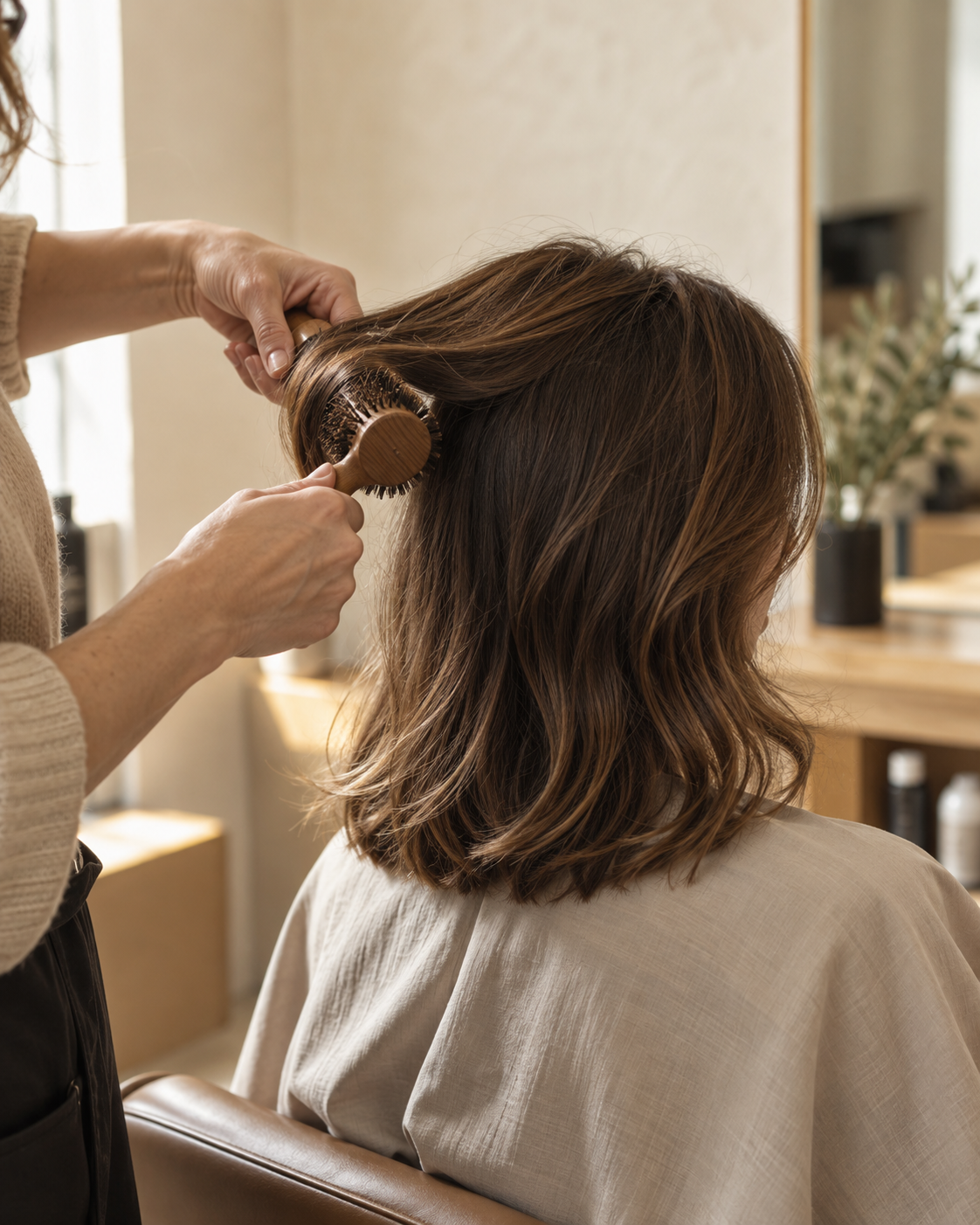 Varsam styling med rundborste i varmt salongsljus – AI-genererad stämningsbild